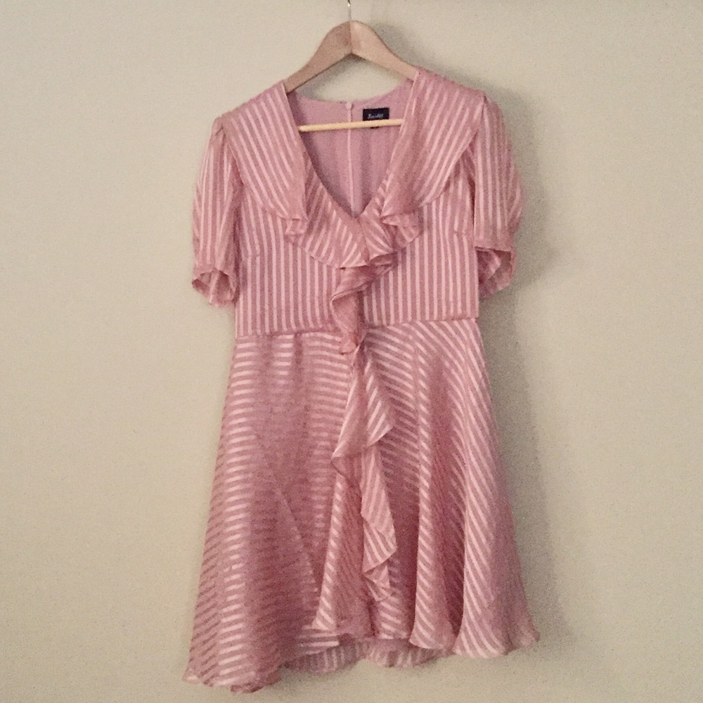Bardot Foaty Frill Satin Pink Striped Dress Size 8